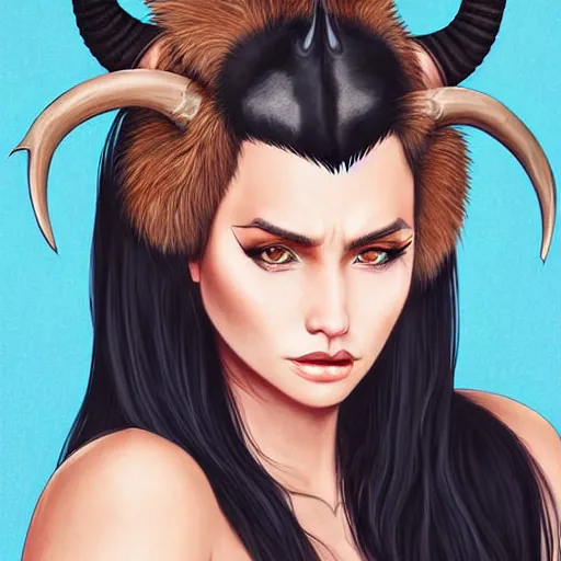 Image similar to illustrated realistic portrait of prong-horned devil woman with blue bob hairstyle and her tan colored skin and with solid black eyes wearing leather by rossdraws