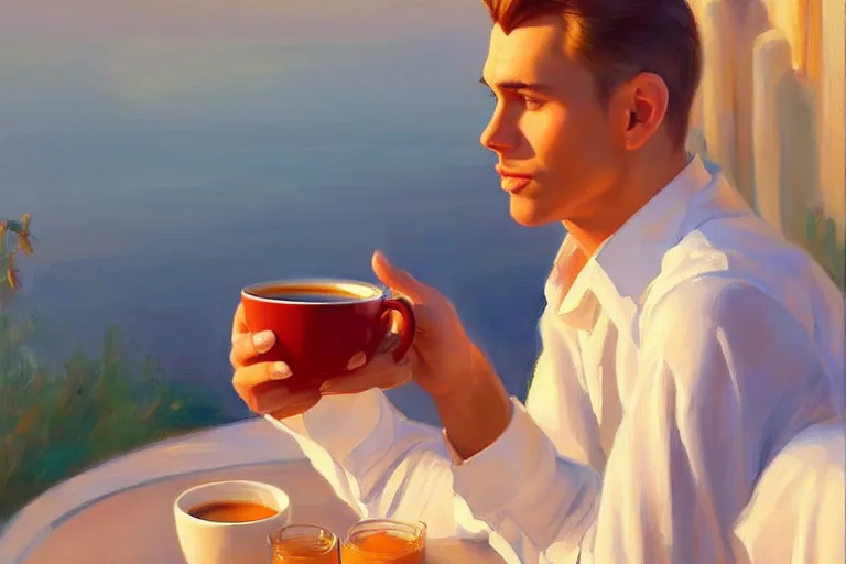 Image similar to attractive man drinking coffee, sunset, painting by vladimir volegov, j. c. leyendecker, tom of finland, trending on artstation