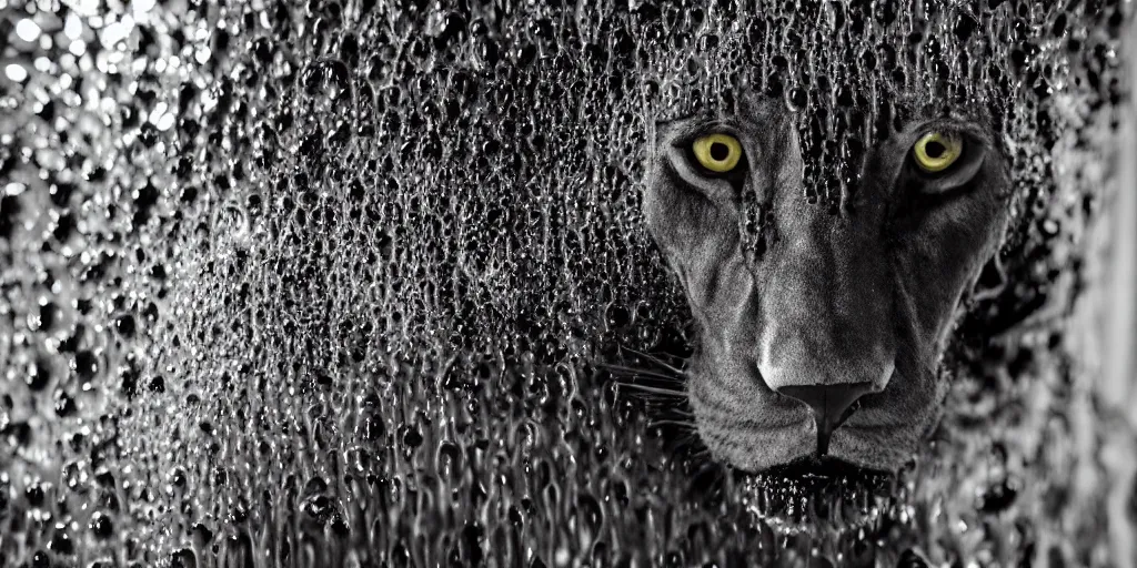 Prompt: a black lioness made of ferrofluid bathing inside the bathtub full of ferrofluid at the photography studio, covered in dripping ferrofluid. dslr, wrinkles, ferrofluid, photography, realism, animal photography