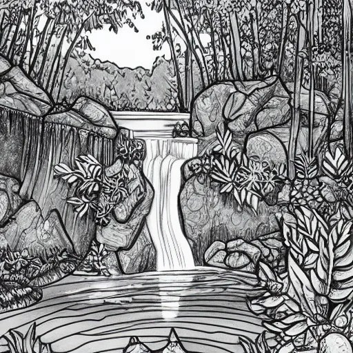 Image similar to an adult coloring page of a waterfall in the enchanted forest, light detail