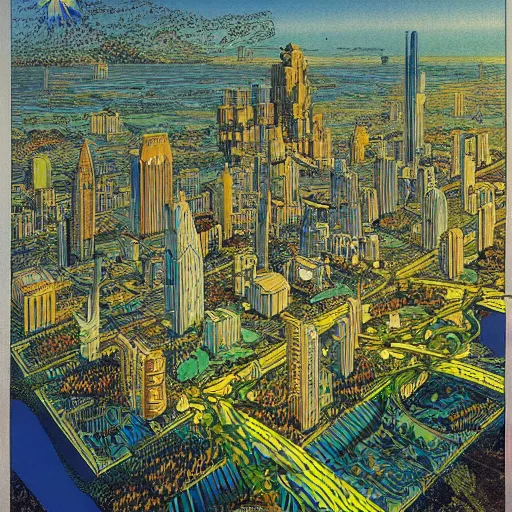 Image similar to city of the future in harmony with nature. Beautiful detailed illustration by moebius (1975).