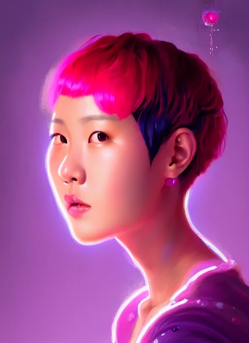 Image similar to portrait of chinese girl with bright pink hair, curly pixie cut hair, wearing a purple cap, breton cap, intricate, elegant, glowing lights, highly detailed, digital painting, artstation, concept art, smooth, sharp focus, illustration, art by wlop, mars ravelo and greg rutkowski