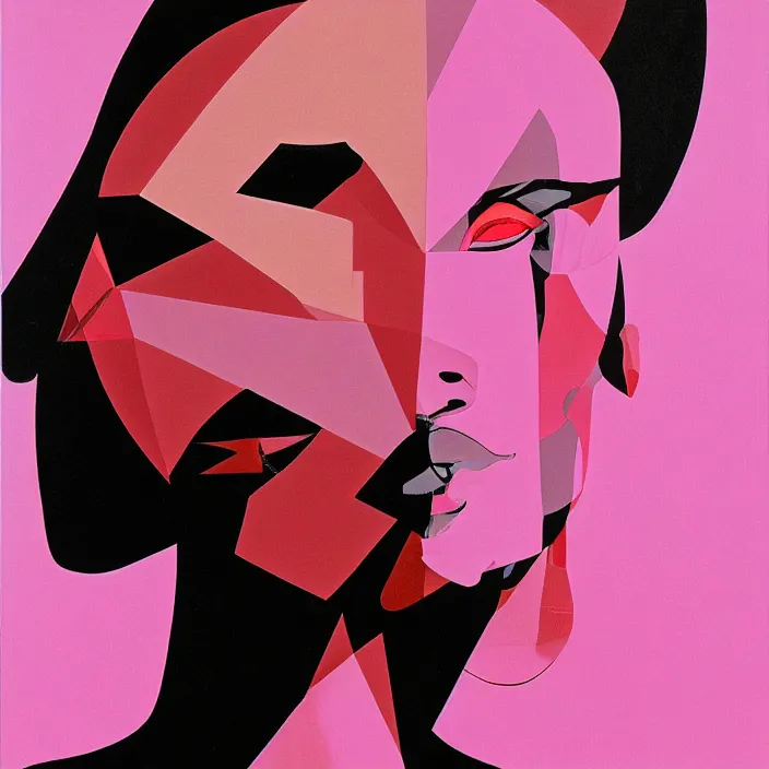 Prompt: abstract portrait of grace jones in pink, geometric, anime style, caravaggio, syd mead
