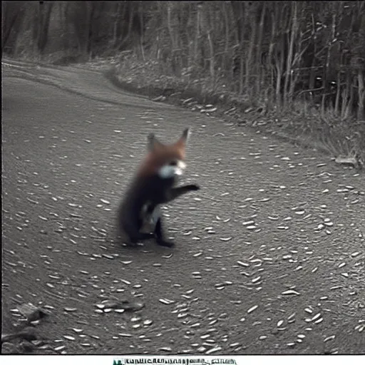 Prompt: trailcam footage of a fox dancing with a cat. night vision, fast shutter speed. caught on camera