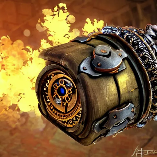 Image similar to A steampunk wristband that shoots out a grapple using steam canisters, epic fantasy art style HD