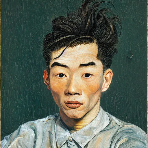 Prompt: detailed portrait of a modern, young confident asian american young man, by lucian freud, francis bacon, john chamberlain, willem de kooning, andreas franke, jean giraud, rob gonsalves, james gurney, james jean, ruan jia, gustav klimt