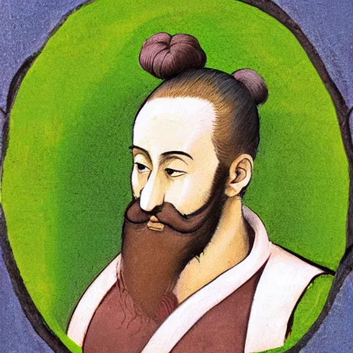 Prompt: portrait painting of surprising Michelangelo di Lodovico with topknot in the style of japanese cartoon with green background for editing