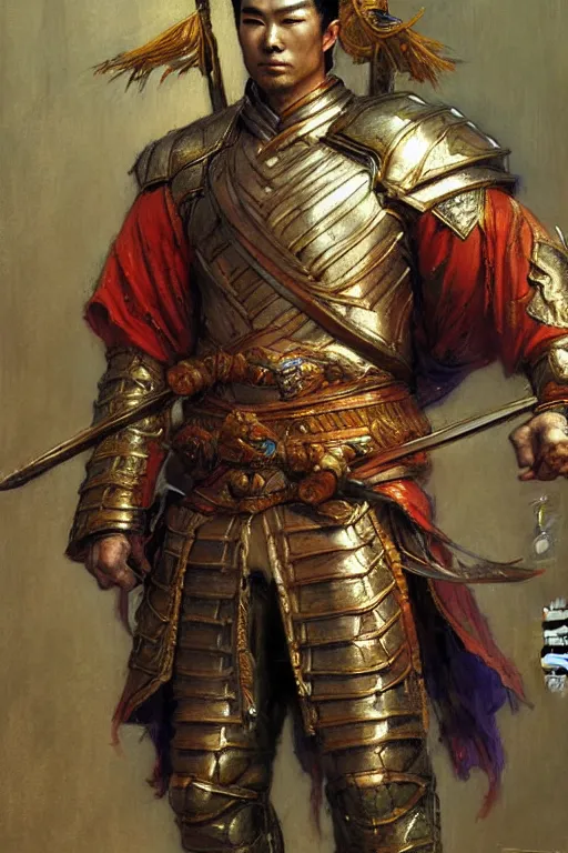 Image similar to attractive muscular male with armor and clothes, tang dynasty, character design, colorful paint, sweat, painting by gaston bussiere, craig mullins, j. c. leyendecker