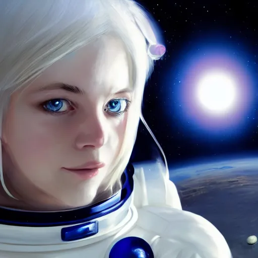 Image similar to portrait of a blue-eyed girl with white hair in a space suit against the background of space, painting by Craig Mullins, octane rendering, soft morning lighting, wide angle lens, in the style of Hayao Miyazaki, trending on artstation,