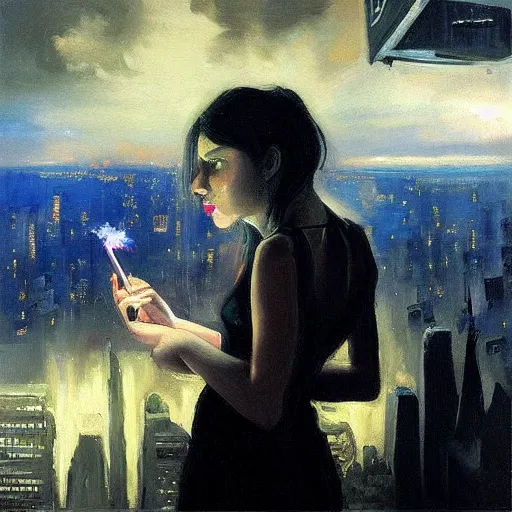 Image similar to “ a girl holding a lit cigarette looking down at a futuristic new york city below, ghostpunk, detailed face, oil painting, stormy sky, by george bellows ”