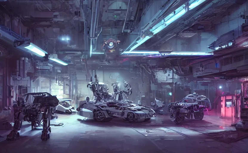 Image similar to interior shot, scifi robot repair workshop, robotic mecha car, robot car, robot skeleton, neon lights, neon lights, neon lights, neon lights, cinematic lighting, Craig Mullins, Greg Rutkowski, volumetric light, artstation, octane render, low angle camera