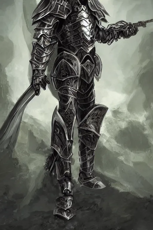 Image similar to Full-length portrait of a paladin in iridescent heavy armor, dark fantasy, digital art.