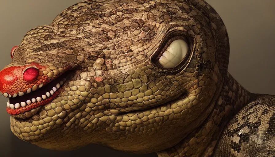 Prompt: hybrid of a happy snake and sad clown, beautiful detailed face, ultra realistic, concept art, intricate details, serious, highly detailed, photorealistic, octane render, 8 k, unreal engine.