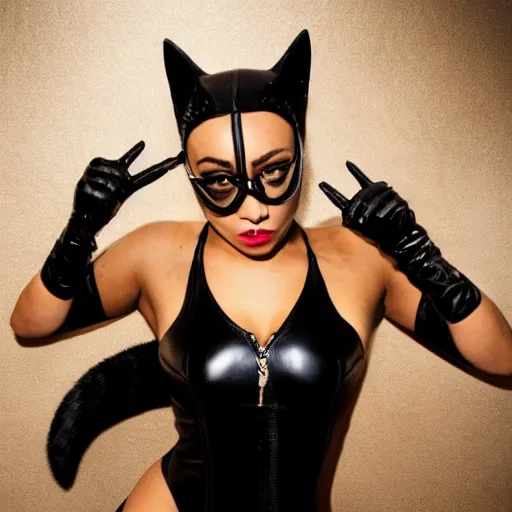 Prompt: Doja Cat as Cat Woman, Studio Quality Photoshoot