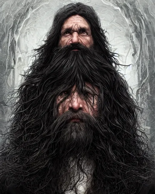 Image similar to portrait of a 6 0 - year - old giant man with long tangles of bushy black hair and beard hiding most of his face, wearing in black cloak, hyper realistic face, beautiful eyes, character art, art by mark brooks, hyperdetailed, cryengine, trending on artstation, digital art