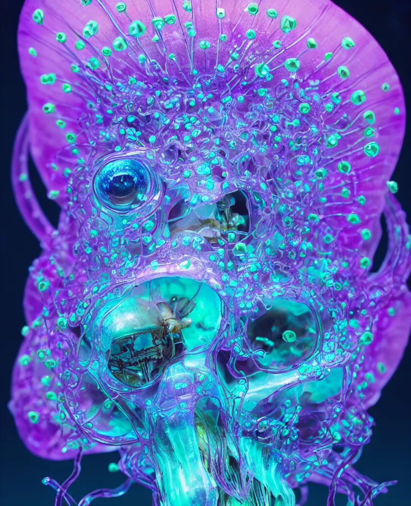 Image similar to close-up portrait of skull dichroic orchid jellyfish skull, betta fish, bioluminiscent creatures, intricate artwork by Tooth Wu and wlop and beeple. octane render, trending on artstation, greg rutkowski very coherent symmetrical artwork. cinematic, hyper realism, high detail, octane render, 8k