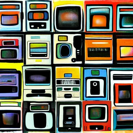 Image similar to fuzzy, furry, array of crt televisions, tv static, antenna, stacked, polaroid, steroids, adult video store, impressionist painting, painting, acrylic painting, cell shaded