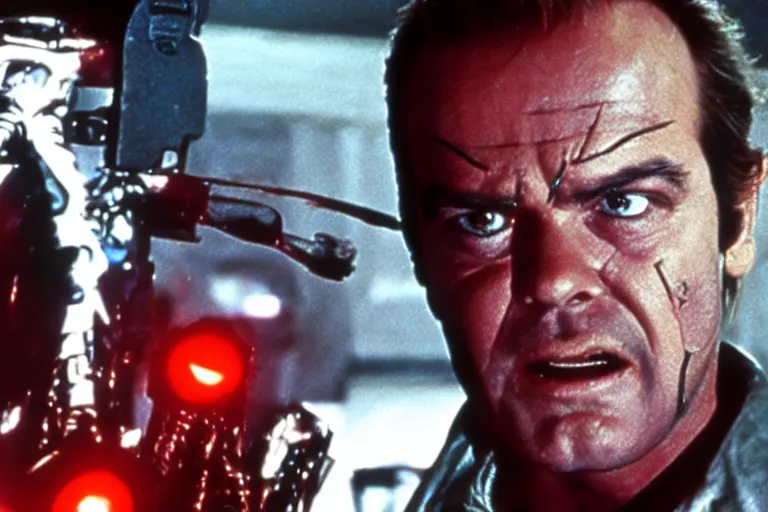 Image similar to Jack Nicholson plays Terminator, his eye glow red, still from the film