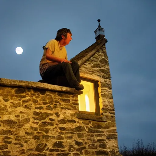 Prompt: bert jansch on the roof of a small medieval cottage, howling at the moon, beautiful nighttime photograph, 4 k