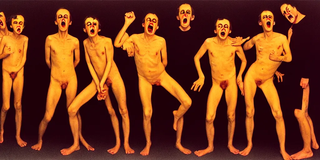Image similar to full body portrait of people screaming with demons terror fear joy love life light golden hour 1 2 0 mm film highly detailed sharp zeiss lens 1. 8 high contrast chiaroscuro detailed photograph by gottfried helnwein ryan mcginley robert mapplethorpe david armstrong david wojnarowicz