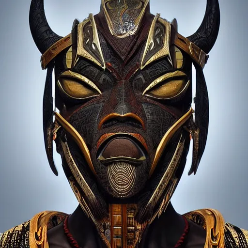 Image similar to african tribal mask in wakandan style cyberpunk, ultra realistic, concept art, intricate details, eerie, horror, highly detailed, photorealistic, octane render, 8 k, unreal engine. art by artgerm and greg rutkowski and alphonse mucha