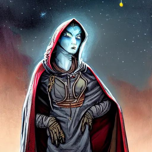 Image similar to tall thin gray - skinned brooding space elf priestess in ornate hooded long red cloak, on space station, highly detailed, mike mignogna, comic book, science fiction, dark tones, dark, rough paper, oil painting