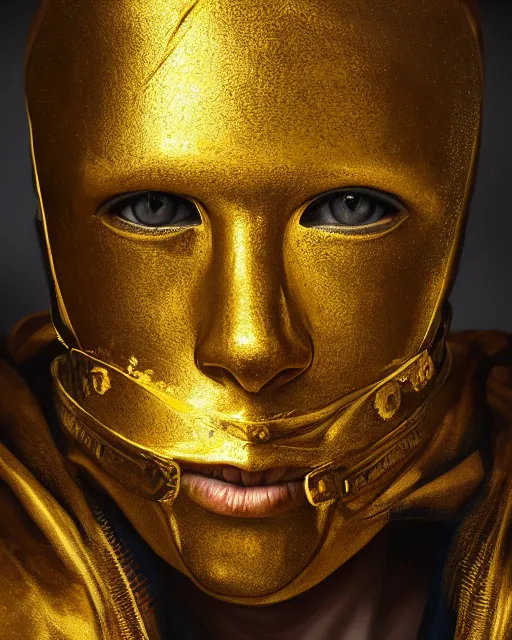 Image similar to oil painting portrait of man with a golden mask, photorealistic, shaded, cinematic lighting, high production value, intricate details, high resolution, hdr, high definition, masterpiece, realistic, ultrarealistic, highly detailed, hd, sharp focus, non blurry, sharp, smooth
