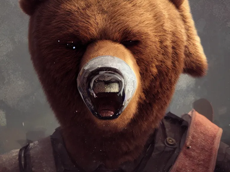 Prompt: Sad man puts on a bear mask, RPG Reference, Oil Painting, Trending on Artstation, octane render, Insanely Detailed, 8k, HD