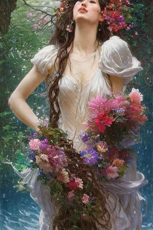 Prompt: portrait of a beautiful mysterious woman holding a large bouquet of flowing flowers, wet dripping long hair, hands disappeared under the bouquet, emerging from the water, fantasy, regal, intricate, by stanley artgerm lau, greg rutkowski, thomas kindkade, alphonse mucha, loish, norman rockwell