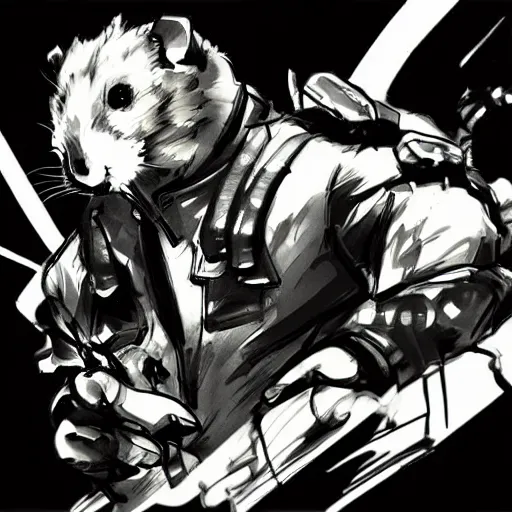 Prompt: hamster drawing in the style of yoji shinkawa