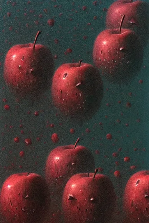 Image similar to horde of bugs eating the inside of an apple, close up of an apple, by zdzislaw beksinski, by dariusz zawadzki, by wayne barlowe, gothic, surrealism, cosmic horror, lovecraftian, cold hue's, warm tone gradient background, concept art, beautiful composition