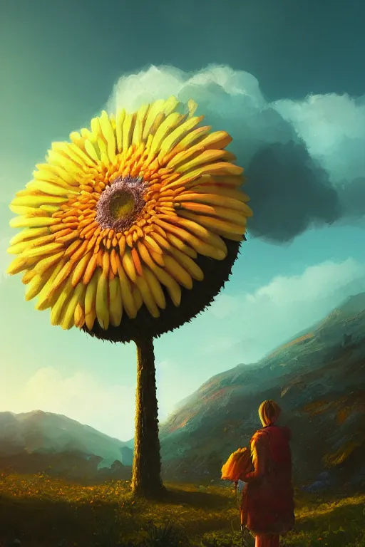 Image similar to giant daisy flower head, in the mountains, surreal photography, sunrise, dramatic light, impressionist painting, colorful clouds, digital painting, artstation, simon stalenhag