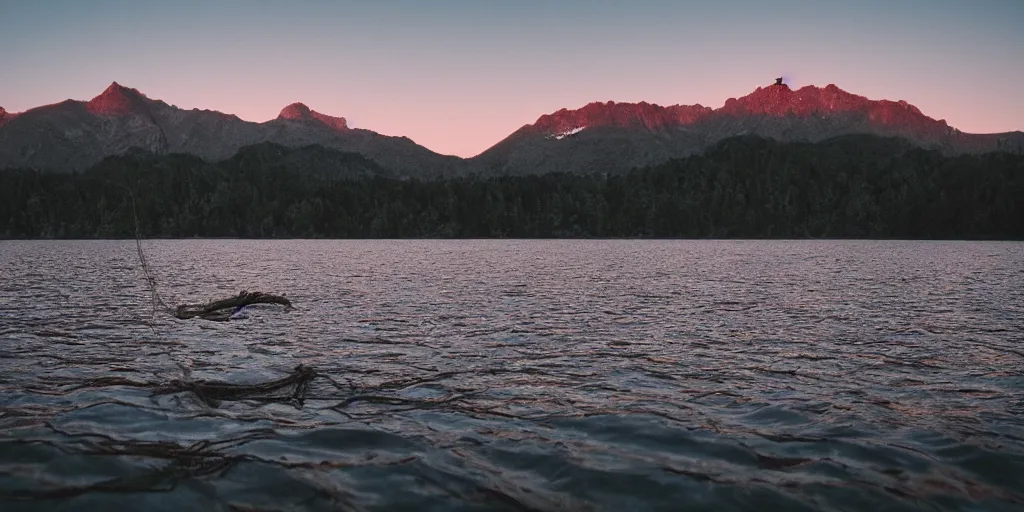 Image similar to rope floating in the water in the middle of a lake, a rocky foreground, mountains in th ebackground, sunset, a bundle of rope is in the center of the lake, eerie vibe, leica, 2 4 mm lens, 3 5 mm kodak film, directed by charlie kaufman, f / 2 2, anamorphic