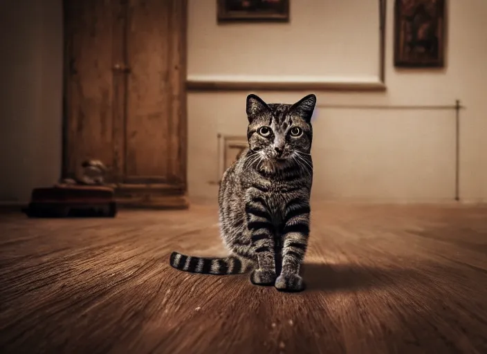 Prompt: photography of a Cat in boots sitting on a table. in a room full of medival things, photorealistic, raining award winning photo, 100mm, sharp, high res