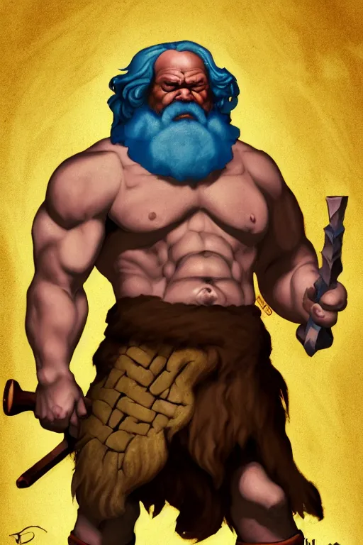 Image similar to character portrait of buff barbarian karl marx with a tattoo of an eye on the forehead, dungeons and dragons artwork, dynamic composition, dramatic lighting, trending on artstation, award winning art, stylized painting by leonardo da vinci, raphael and richard corben, concept art, 4 k, 8 k, gold and teal color scheme