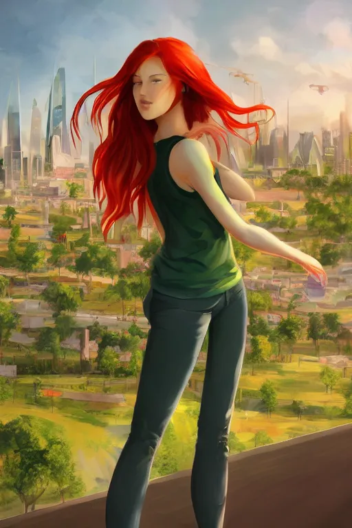 Image similar to beautiful cute red haired joyful and playful nineteen year old maiden standing up in casual green clothing with a modern city in the background, long hair, cute pose, athletic body, rpg character, sci - fi, fantasy, intricate, elegant, digital painting, artstation, concept art, smooth, 8 k frostbite 3 engine, ultra detailed