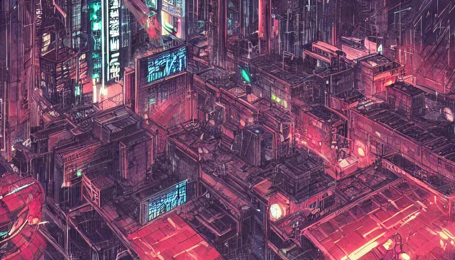 Prompt: Concept Art of neo-Tokyo Maximum Security Mint Bank, in the Style of Akira, Anime, Dystopian, Cyberpunk, Red Building, Helipad, Swat Security, Crypto Valut, Helicopter Drones, 19XX