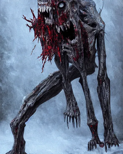 Prompt: Horrifying detailed painting of a pale, emaciated humanoid creature. It has sharp teeth and claws with pale milky eyes; snow, woods, blood; dark cinematic lighting, hyper detailed, moody; painted by Greg Rukowtski