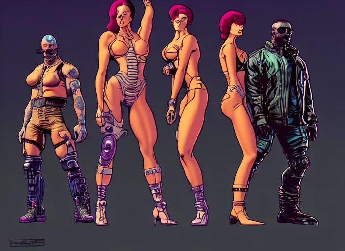 Image similar to cyberpunk bodybuilder gang. portrait by stonehouse and mœbius and will eisner and gil elvgren and pixar. character design. realistic proportions. cyberpunk 2 0 7 7 character art, blade runner 2 0 4 9 concept art. cel shading. attractive face. thick lines. the team. diverse characters. artstationhq.