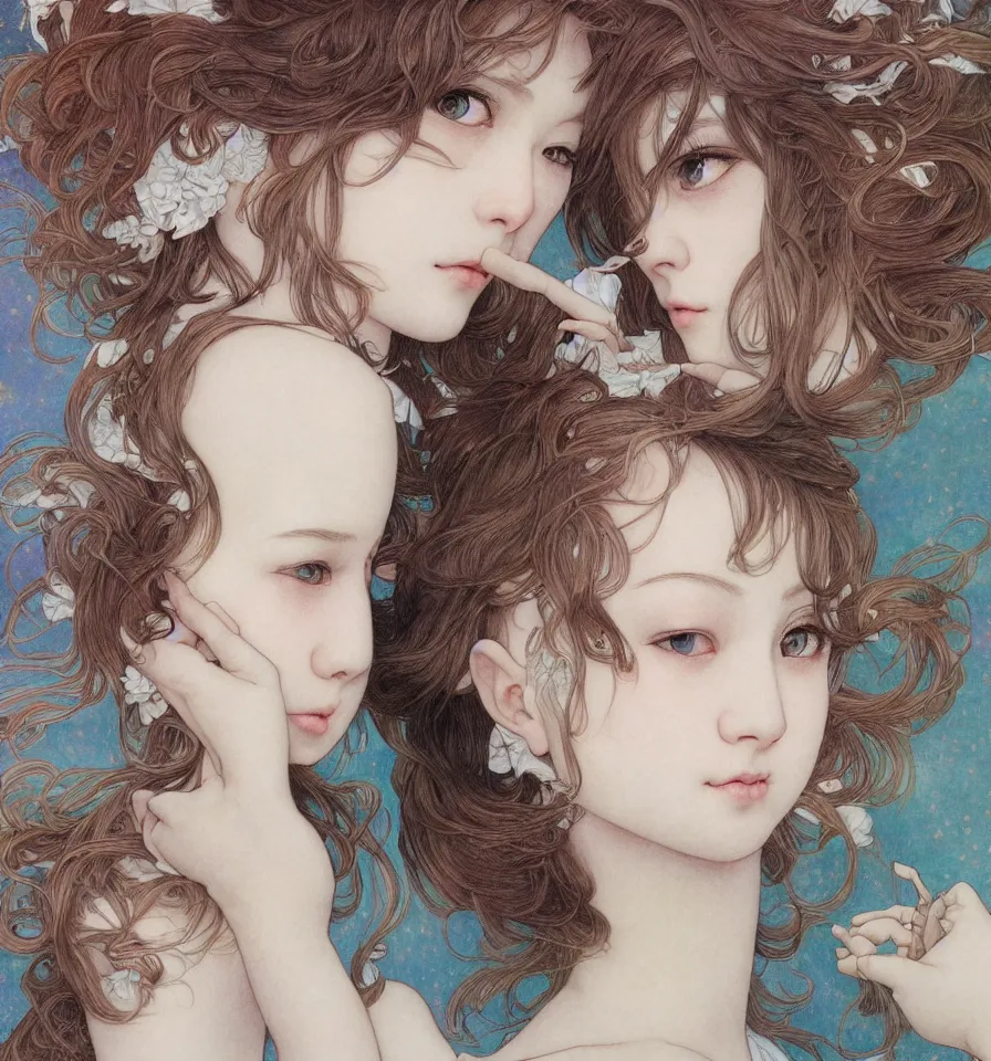 Prompt: portrait of a girl covered in white powdered sugar posing for the camera. insanely and epically detailed supreme-quality color pencil artwork, exquisitely detailed soft shadowing, amazingly composed image, epic pencil illustration, by Range Murata and by Alphonse Mucha and by Katsuhiro Otomo.