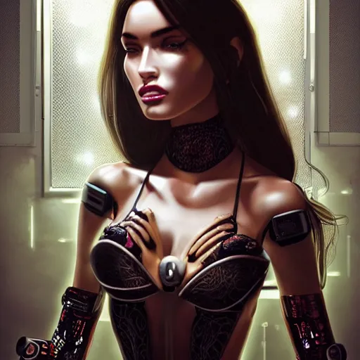 Image similar to the portrait of an elegant, sophisticated, fashionable ottomanpunk robotess idol, an ultrafine illustration of young half arab megan fox mix by kim jisu, intricate linework, neon wiring, fashion, porcelain skin, unreal engine 5 highly rendered, global illumination, radiant light, detailed and intricate environment, by rutkowski, artgerm, marvel comics