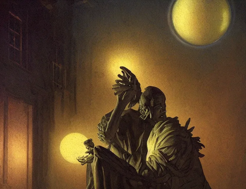 Prompt: a baroque neoclassicist portrait of a sculpture holding a dimly glowing blue orb in a dark moonlit courtyard at night. iridescent textures. glowing fog. highly detailed fantasy science fiction painting by moebius, norman rockwell, frank frazetta, and syd mead. rich colors, high contrast, gloomy atmosphere, dark background. artstation