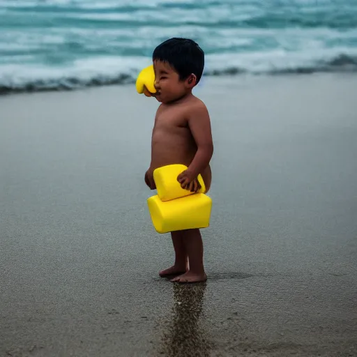 Prompt: a little boy on the beach, yellow floaties, XF IQ4, f/1.4, ISO 200, 1/160s, 8K, RAW, unedited, symmetrical balance, in-frame