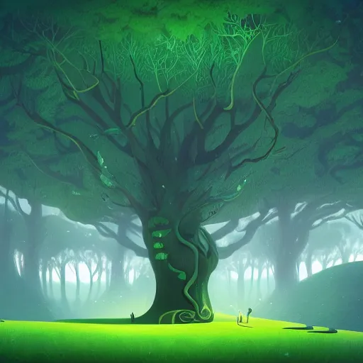 Image similar to a tree of the magical world, green tones, animated film, stylised, illustration,, fantasy art, 2 d game art, by eyvind earle, scott wills, genndy tartakovski, roman shipunov, etienne hebinger, atey ghailan, cgsociety, cynical realism