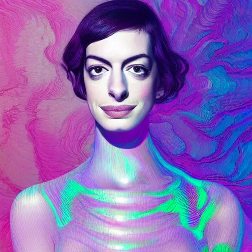 Image similar to surreal Anne Hathaway covered in chromatic distortions standing in mysterious place, beautiful, pscychodelic, trending on artstation, artwork by Hughes, Edward Robert