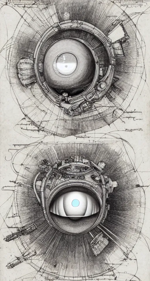 Prompt: a full page cad drawing by leonardo da vinci of a man moon, robotic eye, deconstructed, exploded view, flat, ink on paper, scientific, highly detailed labeling, measurements, schematics, super smooth lines, clean edges, smooth details, 8 k uhd, peter mohrbacher, moebius