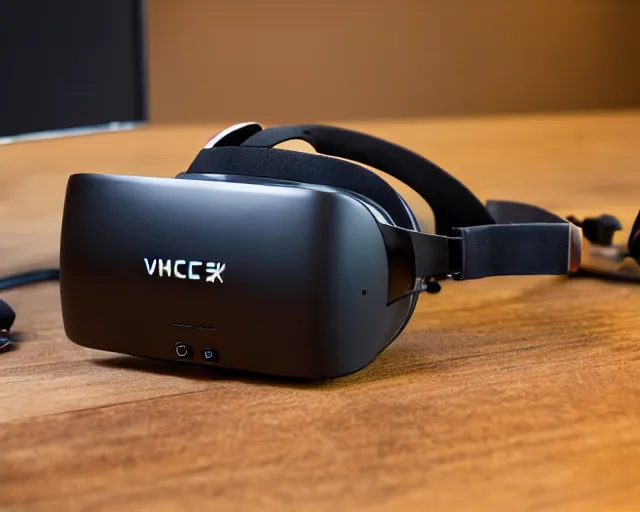 Prompt: Professional slick Product marketing photo. Steam's Valve Index HMD VR Headset. Slick and shiny presentation. Well organized and minimalist.