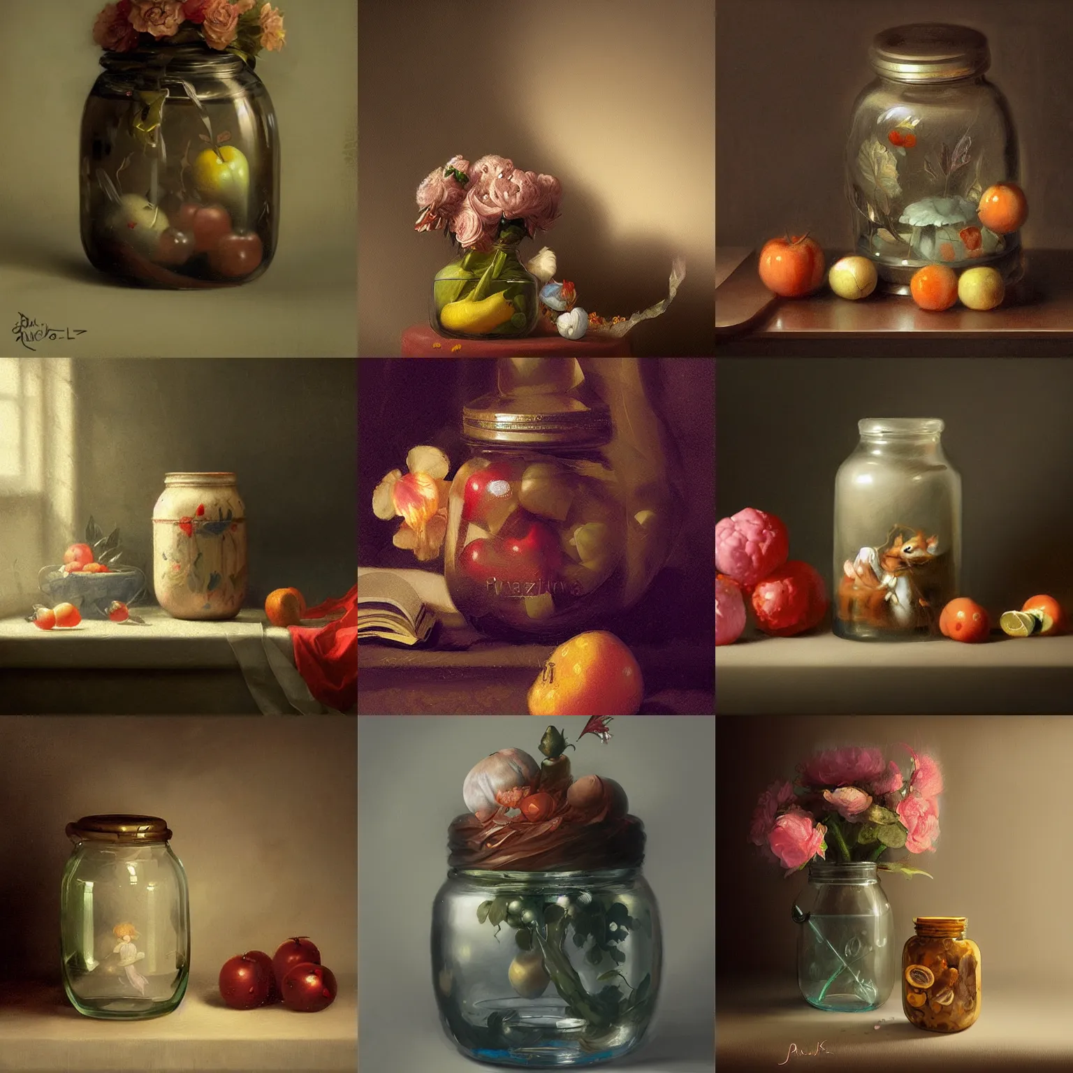 Prompt: Still life of a jar containing a pouting fairy, digital painting, detailed, artstation, pixiv, Krenz Cushart, Greg Rutkowski, Jan Davidz de Heem