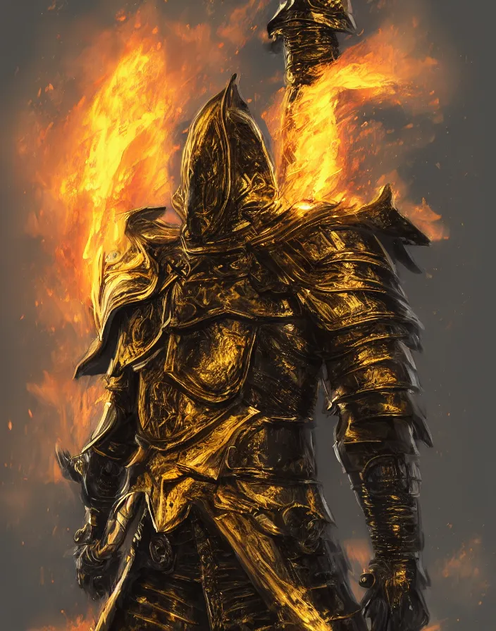 Image similar to the knight of the eternal flame covered in flames wearing detailed gold and black armor like obsidian, dark souls concept art, dramatic lighting, trending on artstation hq, 4 k, uhd