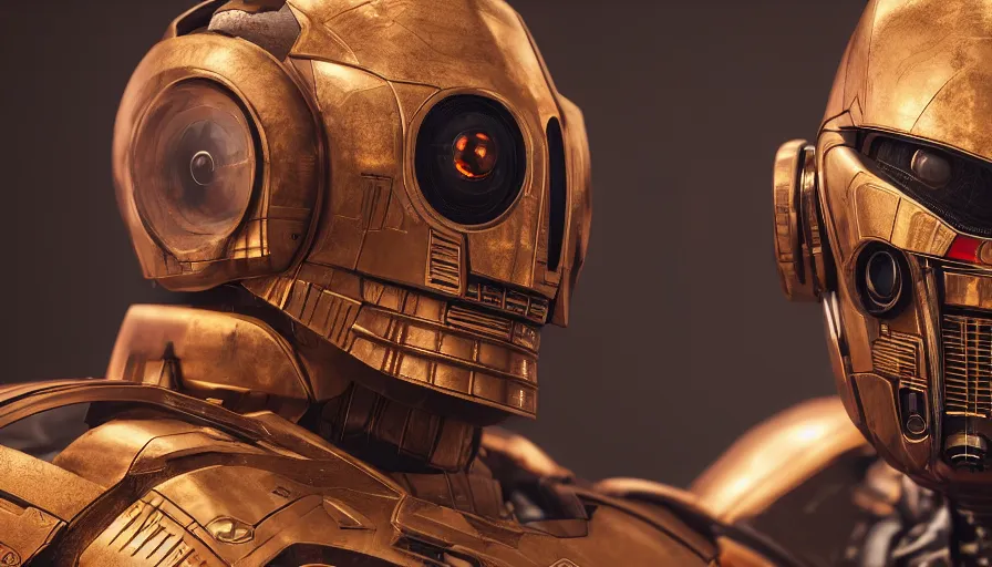 Prompt: c 3 - p 0 with red eyes, rule of thirds, beautiful detailed face, ultra realistic, concept art, intricate details, serious, highly detailed, photorealistic, octane render, 8 k, unreal engine, detailed oil painting.